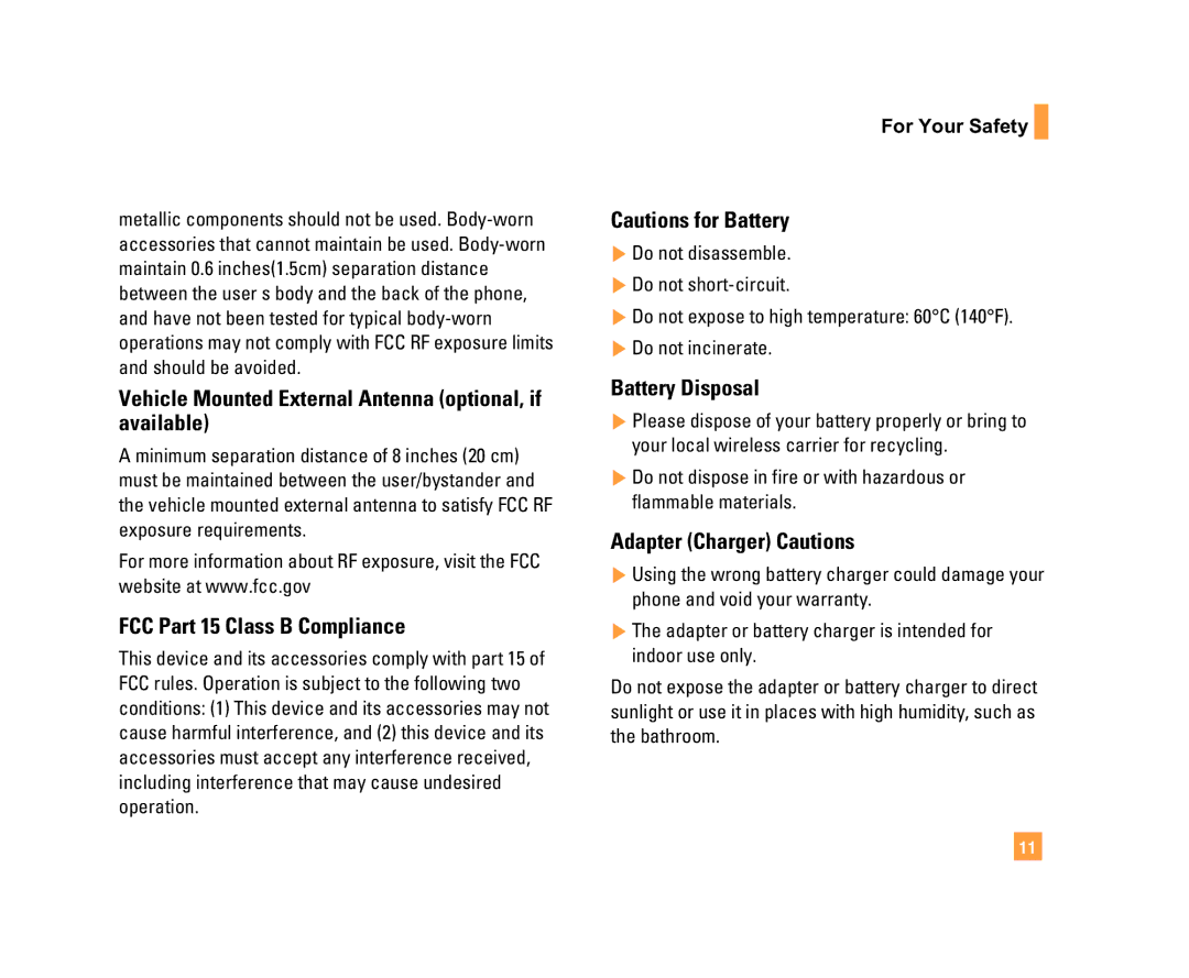 LG Electronics C1500 manual Vehicle Mounted External Antenna optional, if available, FCC Part 15 Class B Compliance 