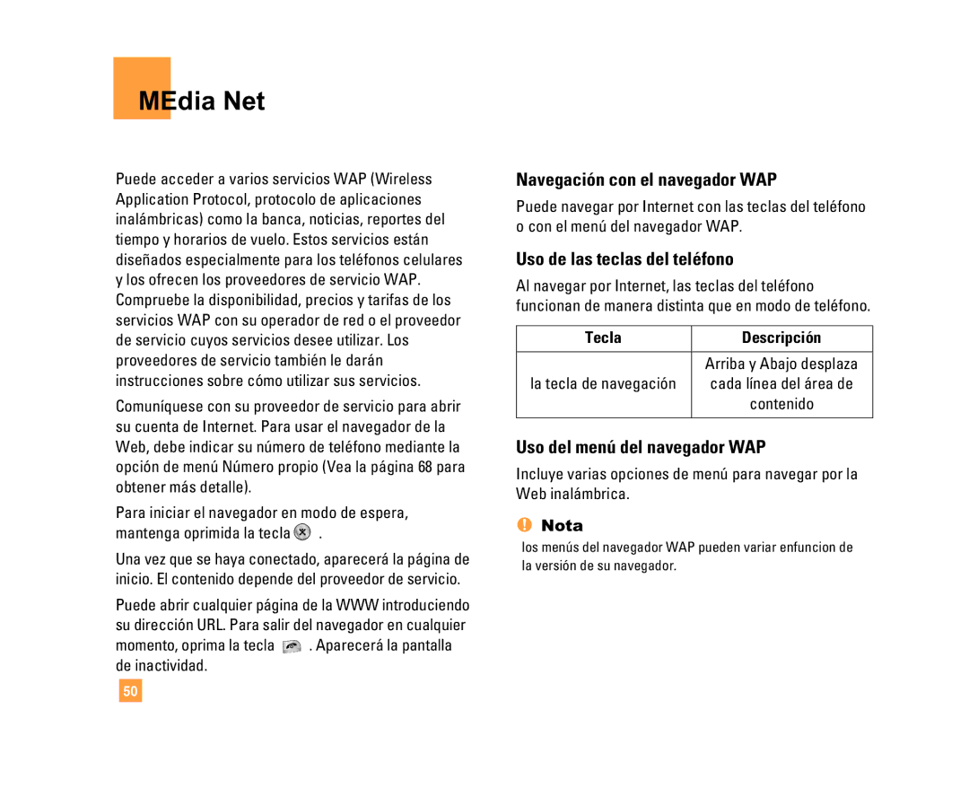 LG Electronics C1500 manual Navegación con el navegador WAP, Uso de las teclas del teléfono, Uso del menú del navegador WAP 