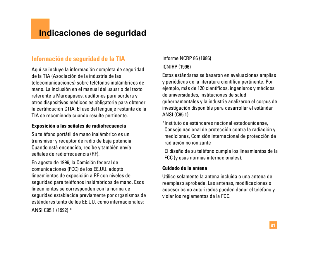 LG Electronics C1500 Indicaciones de seguridad, Información de seguridad de la TIA, Ansi C95.1 Informe Ncrp 86 Icnirp 