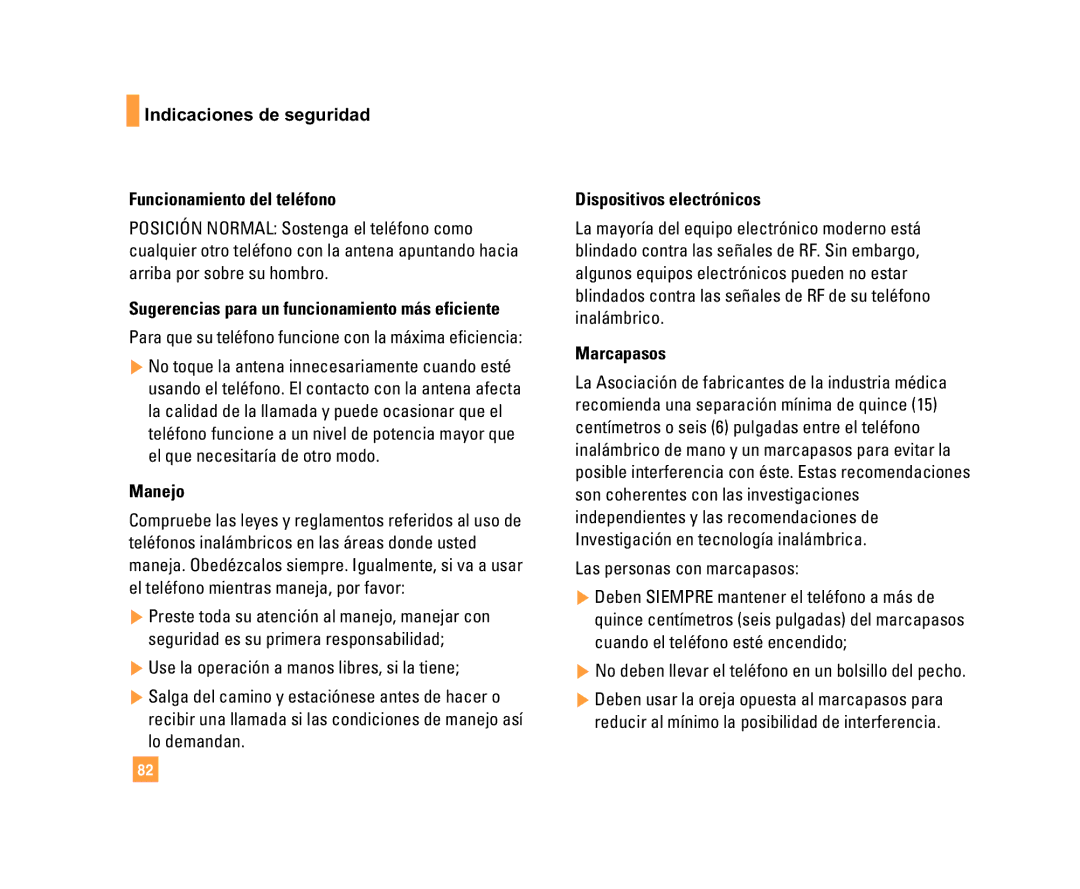 LG Electronics C1500 Indicaciones de seguridad Funcionamiento del teléfono, Manejo, Dispositivos electrónicos, Marcapasos 