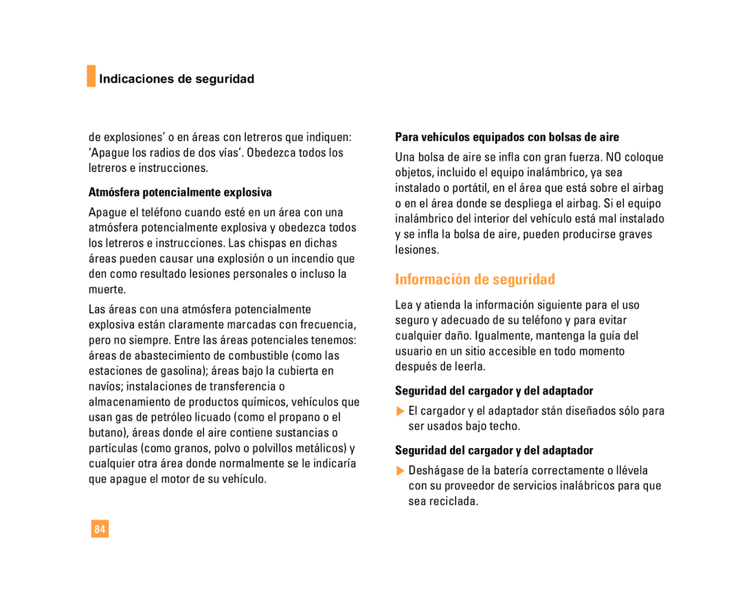 LG Electronics C1500 Información de seguridad, Atmósfera potencialmente explosiva, Seguridad del cargador y del adaptador 