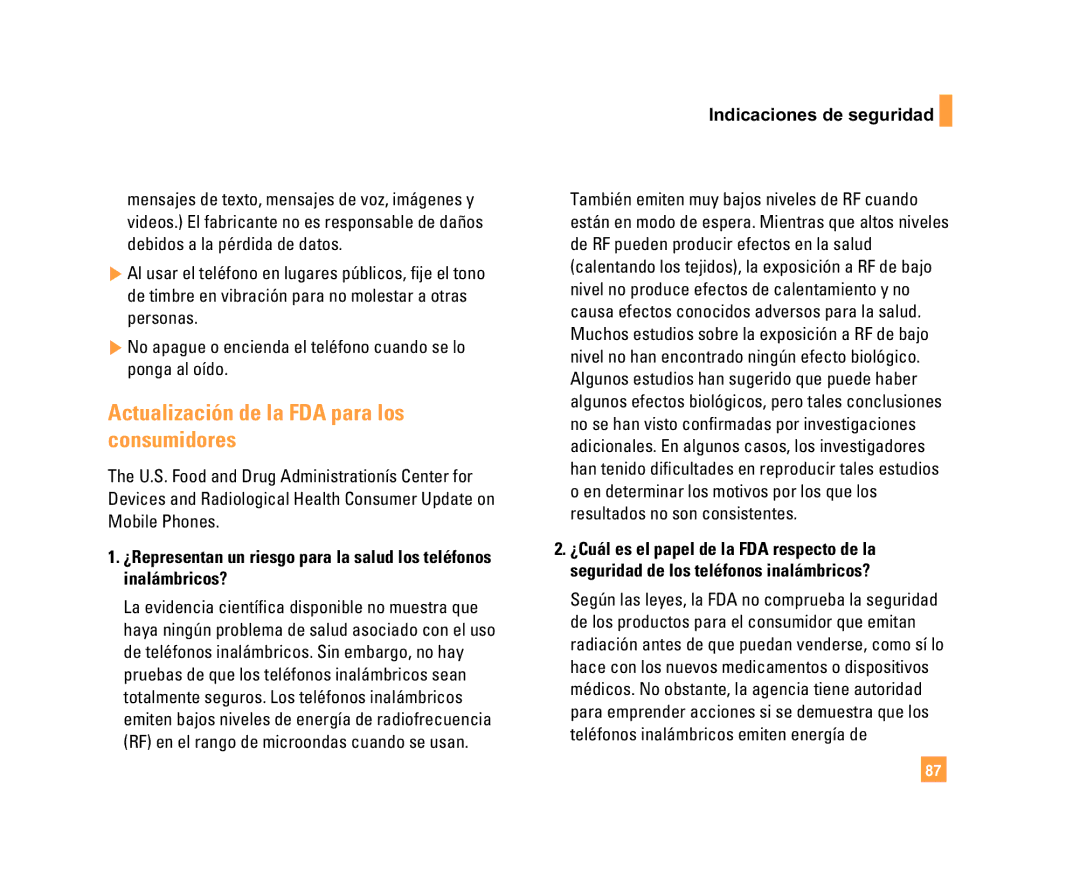 LG Electronics C1500 manual Actualización de la FDA para los consumidores 