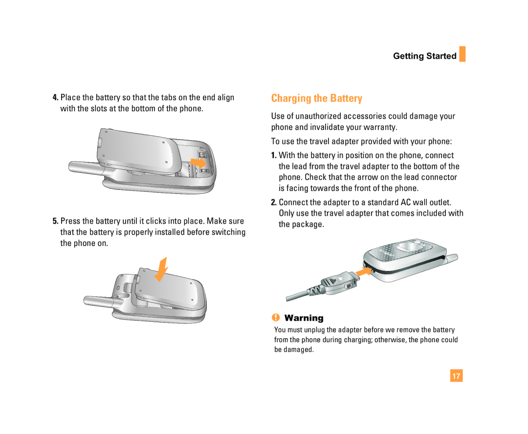 LG Electronics C1500 manual Charging the Battery, Getting Started, To use the travel adapter provided with your phone 