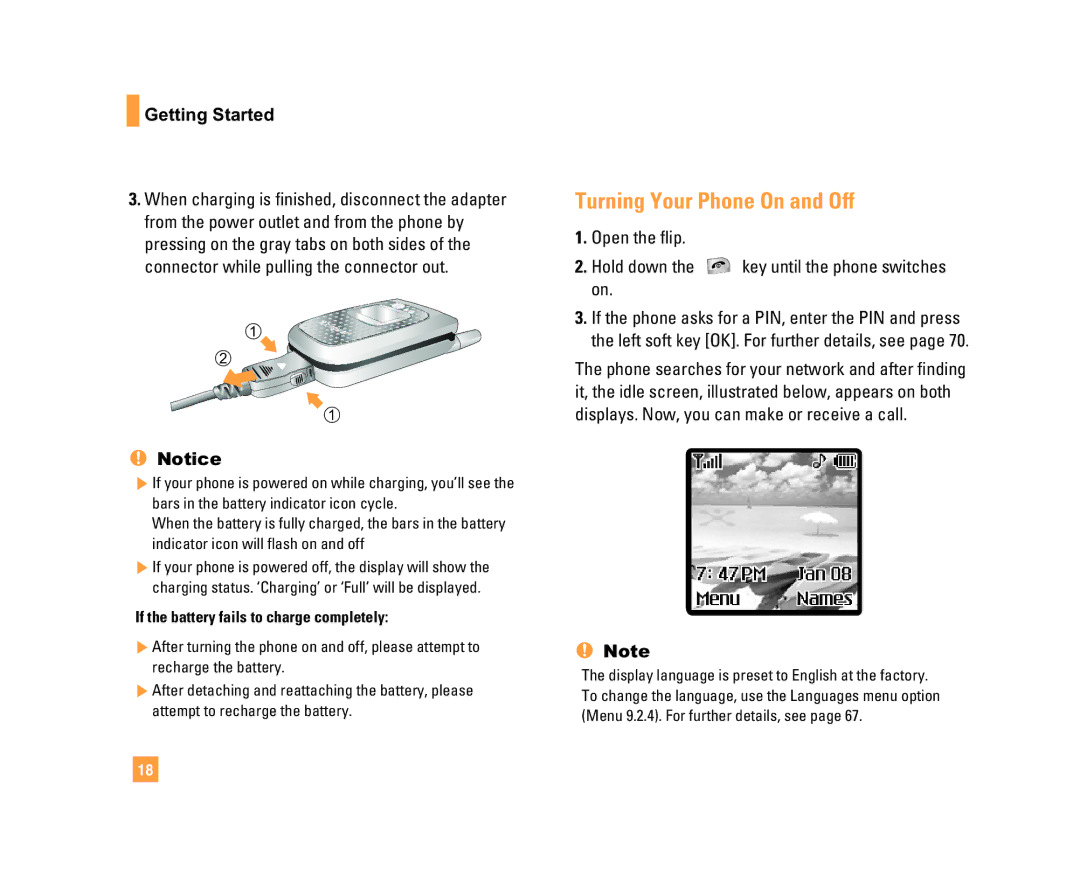 LG Electronics C1500 manual Turning Your Phone On and Off, Open the flip Hold down the key until the phone switches on 