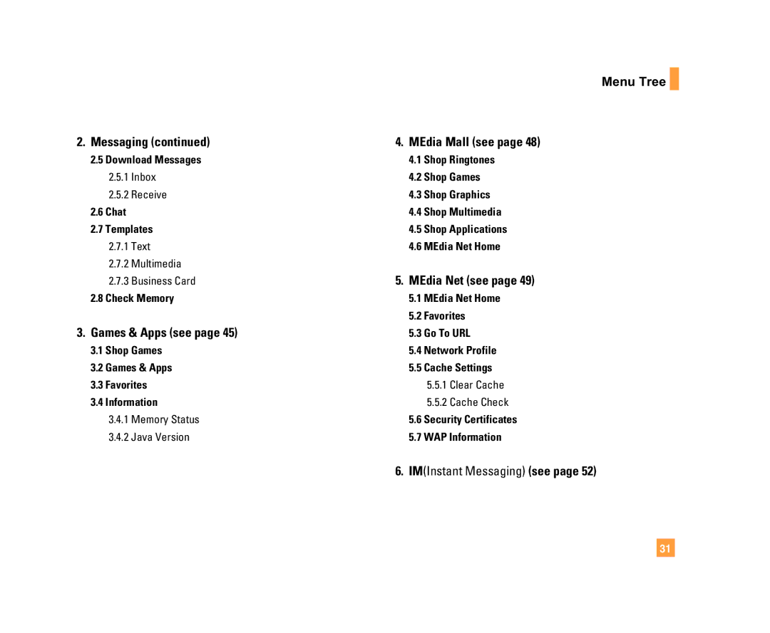 LG Electronics C1500 manual Games & Apps see, Menu Tree MEdia Mall see, MEdia Net see, IMInstant Messaging see 
