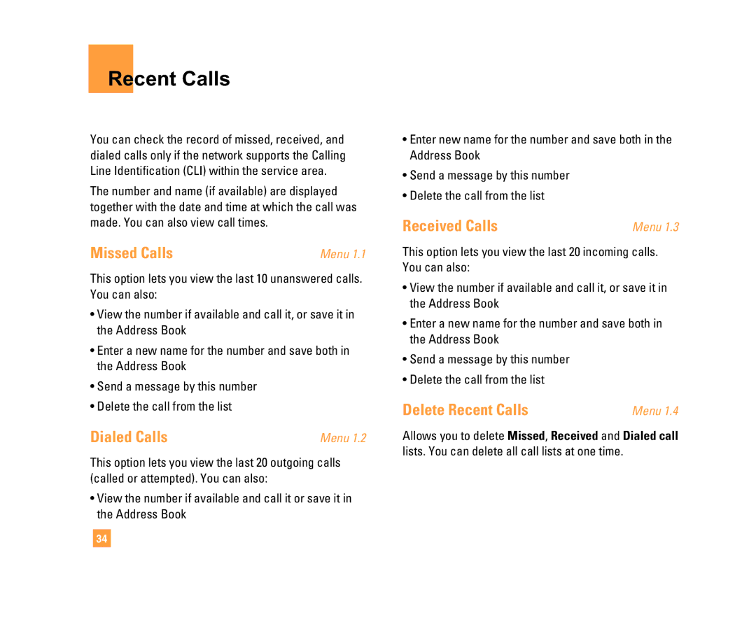 LG Electronics C1500 manual Missed Calls, Dialed Calls, Received Calls, Delete Recent Calls 