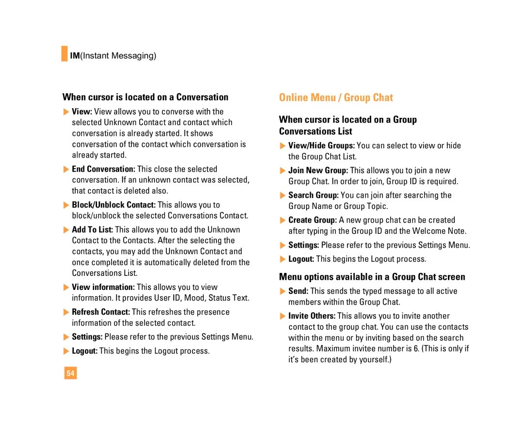 LG Electronics C1500 manual Online Menu / Group Chat, When cursor is located on a Conversation 