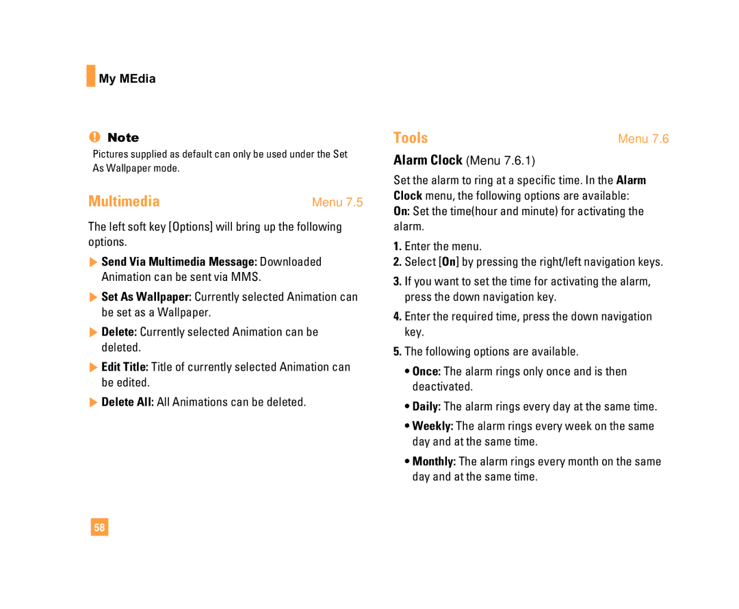LG Electronics C1500 manual Multimedia, Tools, Alarm Clock Menu, My MEdia 