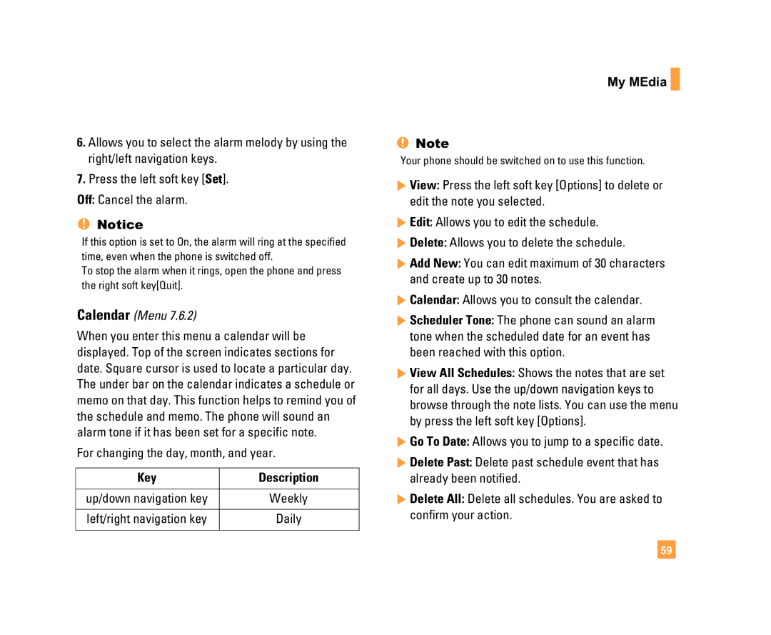 LG Electronics C1500 manual Calendar Menu, For changing the day, month, and year 