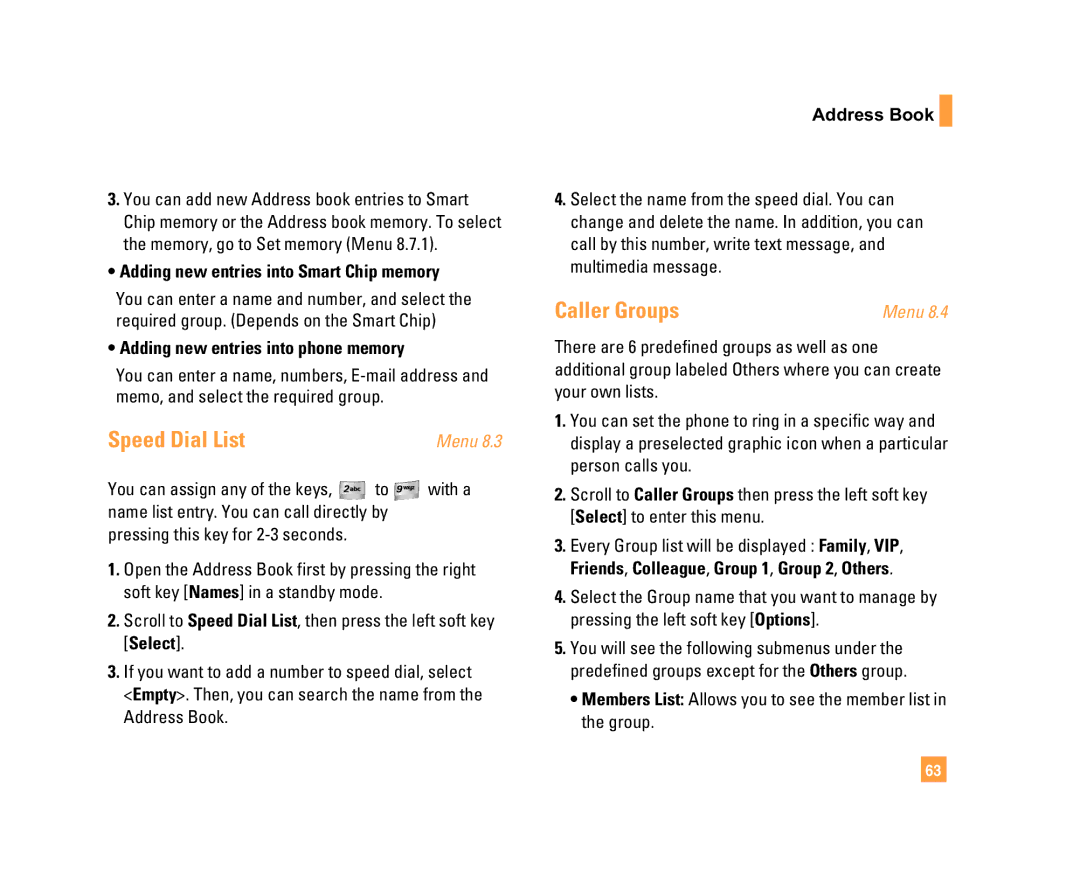LG Electronics C1500 manual Speed Dial List, Caller Groups, Adding new entries into Smart Chip memory, Address Book 