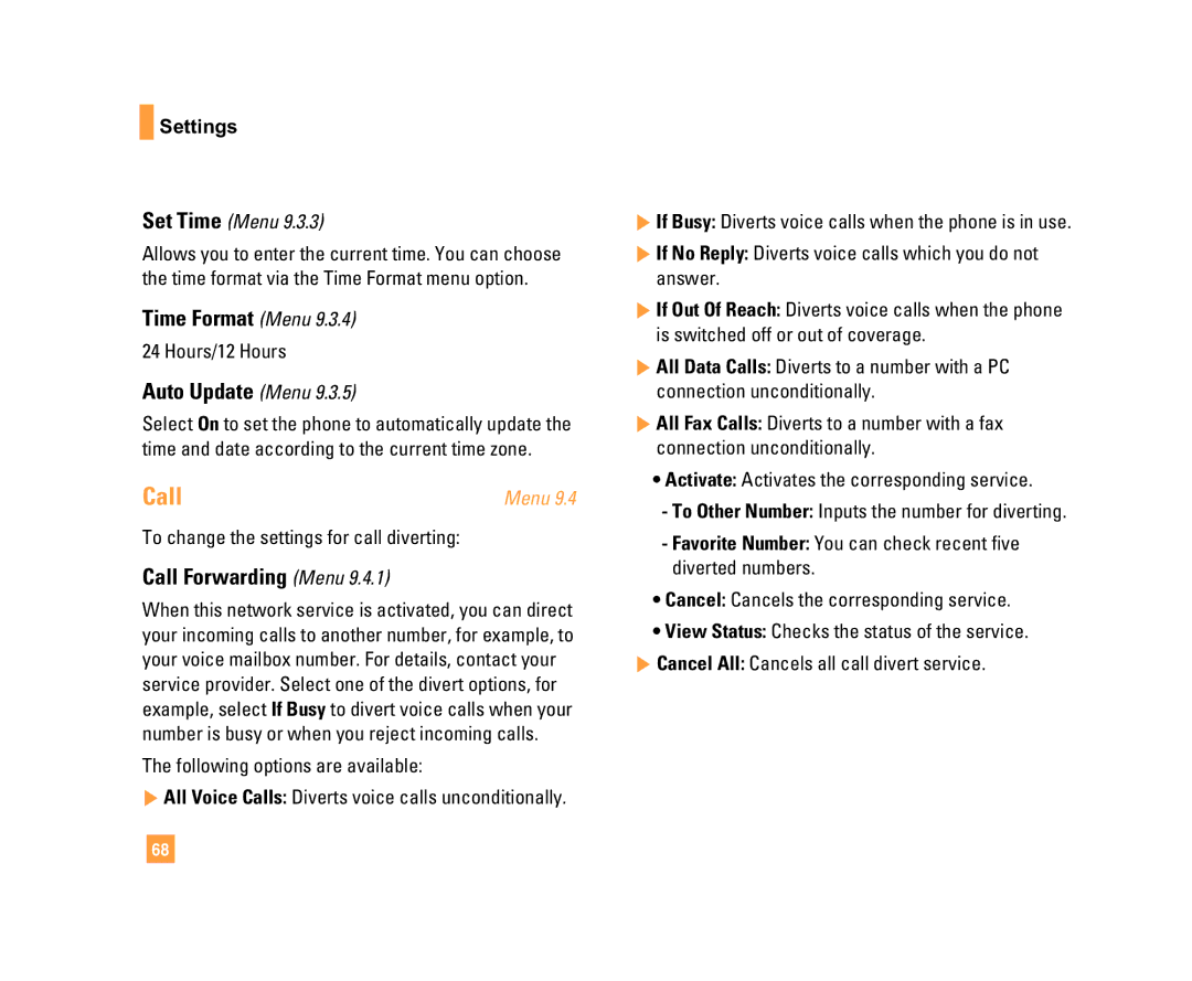 LG Electronics C1500 manual Time Format Menu, Auto Update Menu, Call Forwarding Menu 