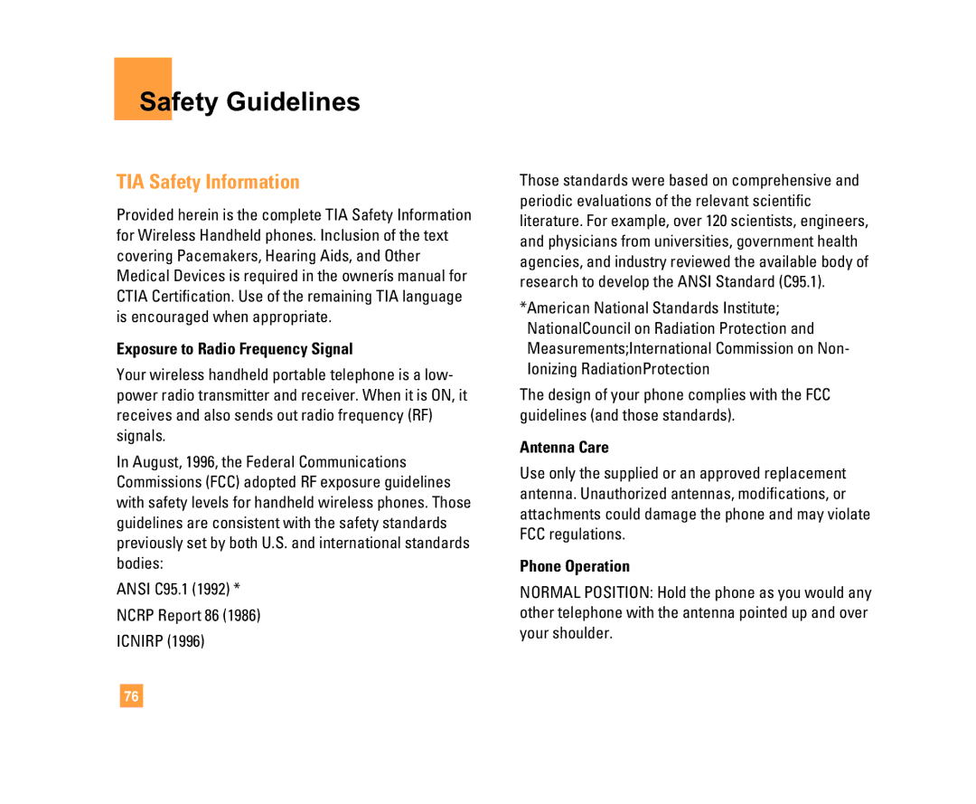 LG Electronics C1500 manual Safety Guidelines, TIA Safety Information, Exposure to Radio Frequency Signal, Antenna Care 