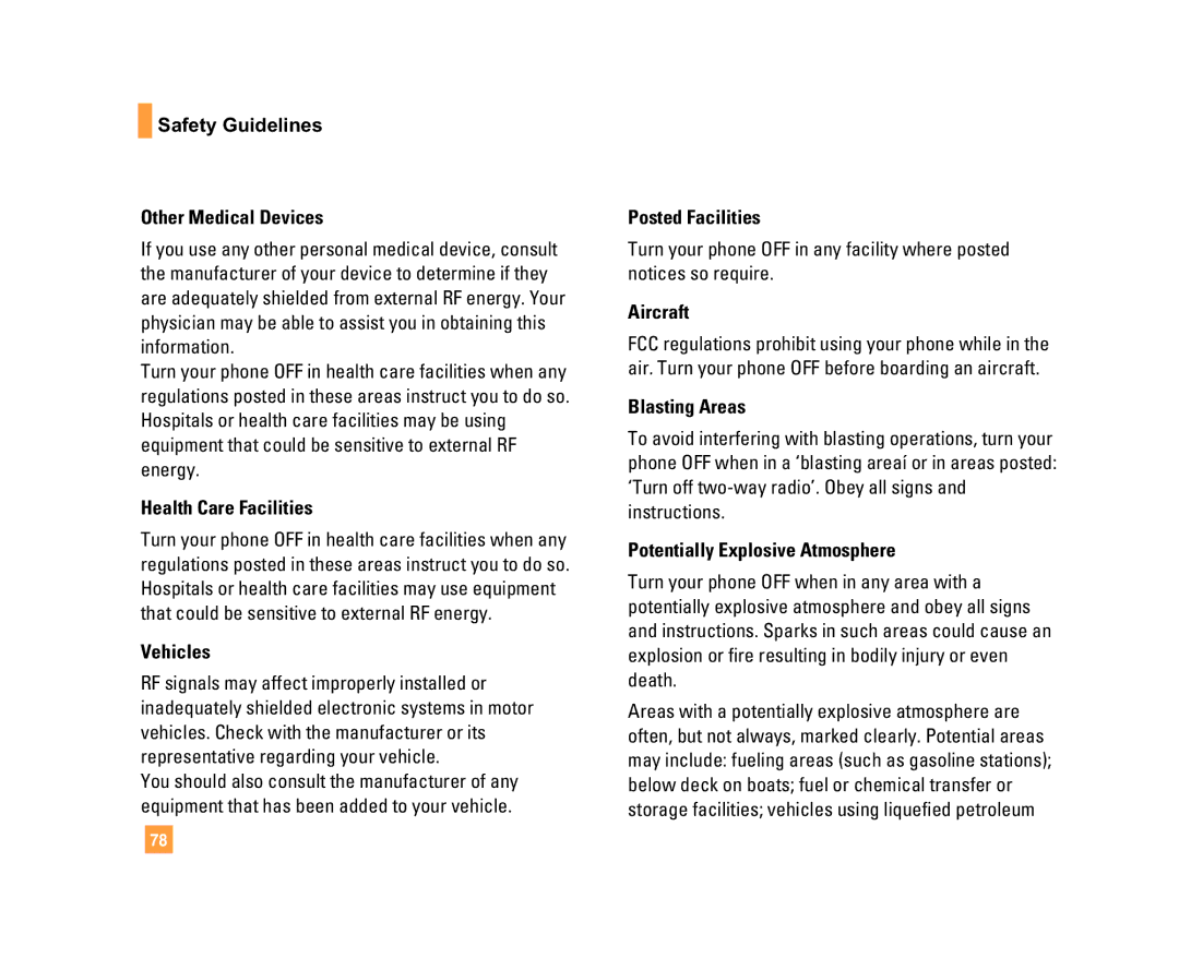 LG Electronics C1500 manual Safety Guidelines Other Medical Devices, Health Care Facilities, Vehicles, Posted Facilities 