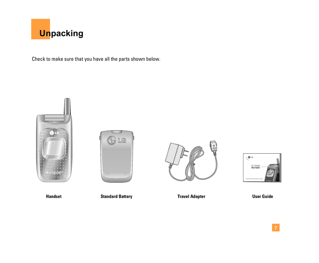 LG Electronics C1500 manual Unpacking, Check to make sure that you have all the parts shown below 