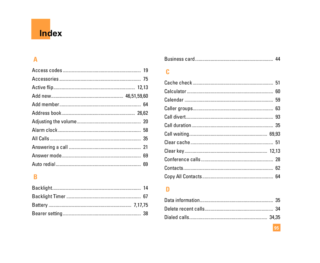 LG Electronics C1500 manual Index, 12,13, 26,62, 17,75 