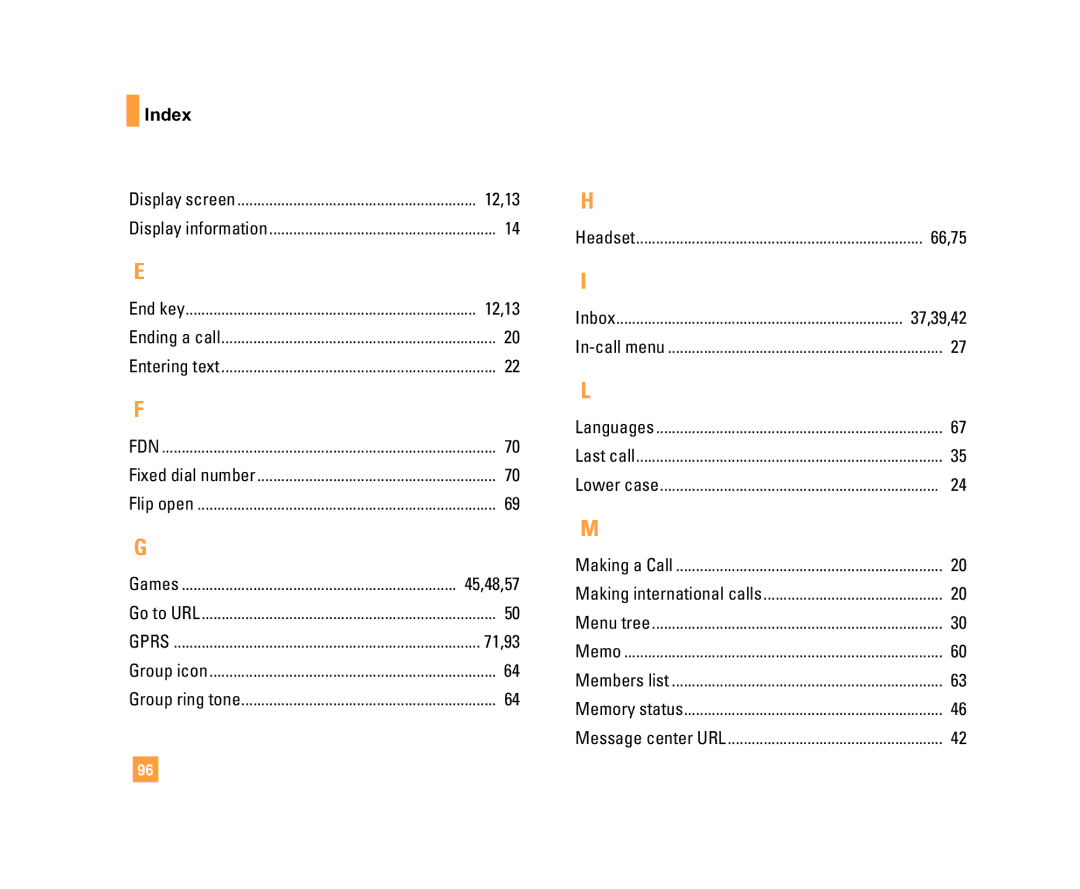 LG Electronics C1500 manual Index, 71,93, 66,75 