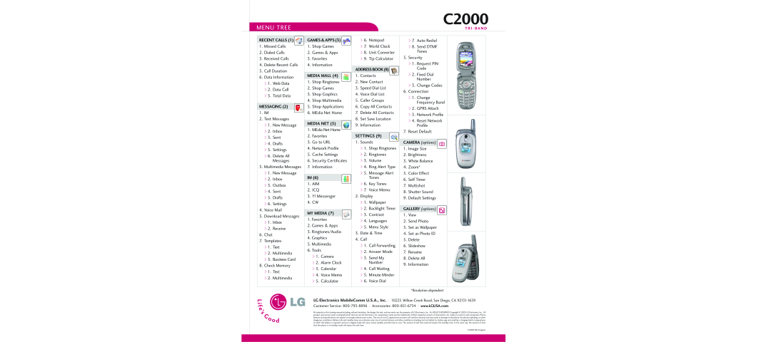 LG Electronics C2000 recent calls, messaging, games & Apps, MEdia Mall, MEdia net, my media, addressbook8, settings 