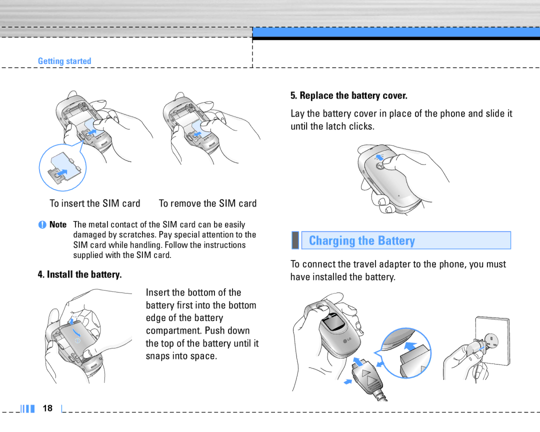 LG Electronics C3320 manual Charging the Battery, To insert the SIM card, Install the battery, Replace the battery cover 