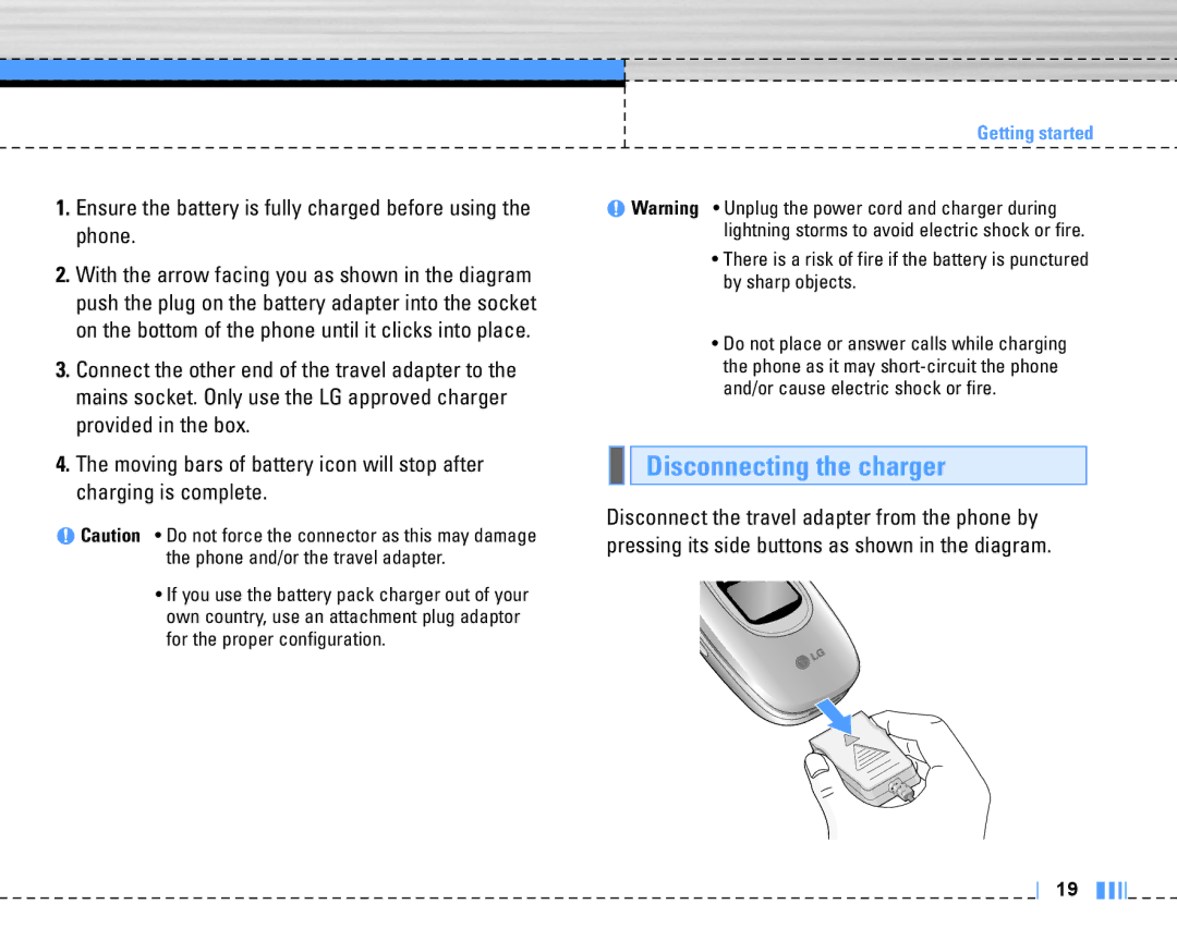 LG Electronics C3320 manual Disconnecting the charger, Ensure the battery is fully charged before using the phone 