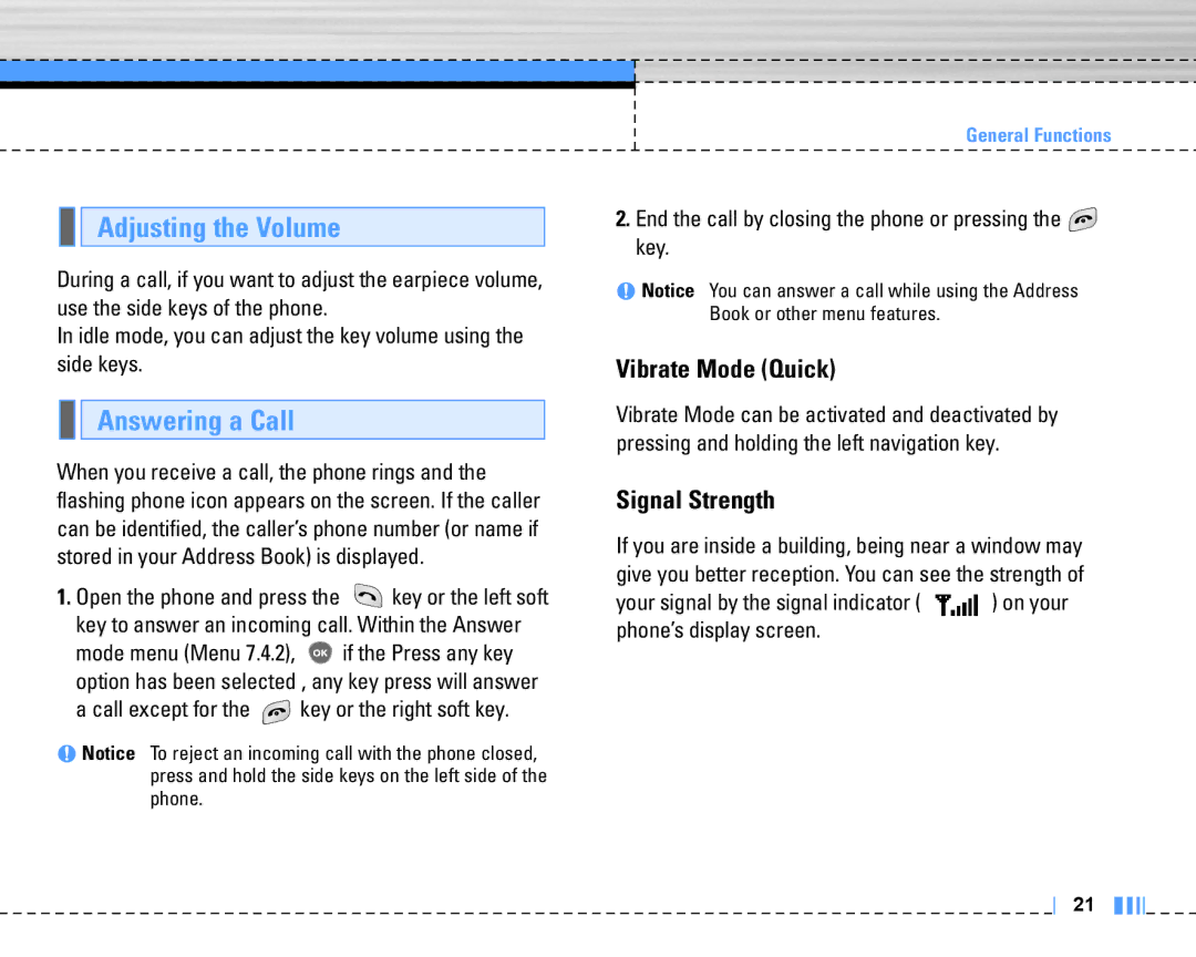 LG Electronics C3320 manual Adjusting the Volume, Answering a Call, Vibrate Mode Quick, Signal Strength 