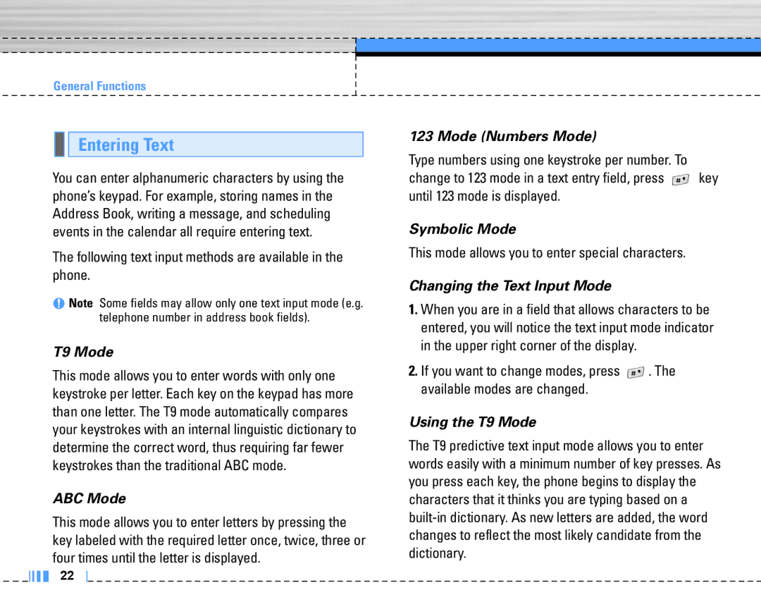 LG Electronics C3320 manual Entering Text, Following text input methods are available in the phone 