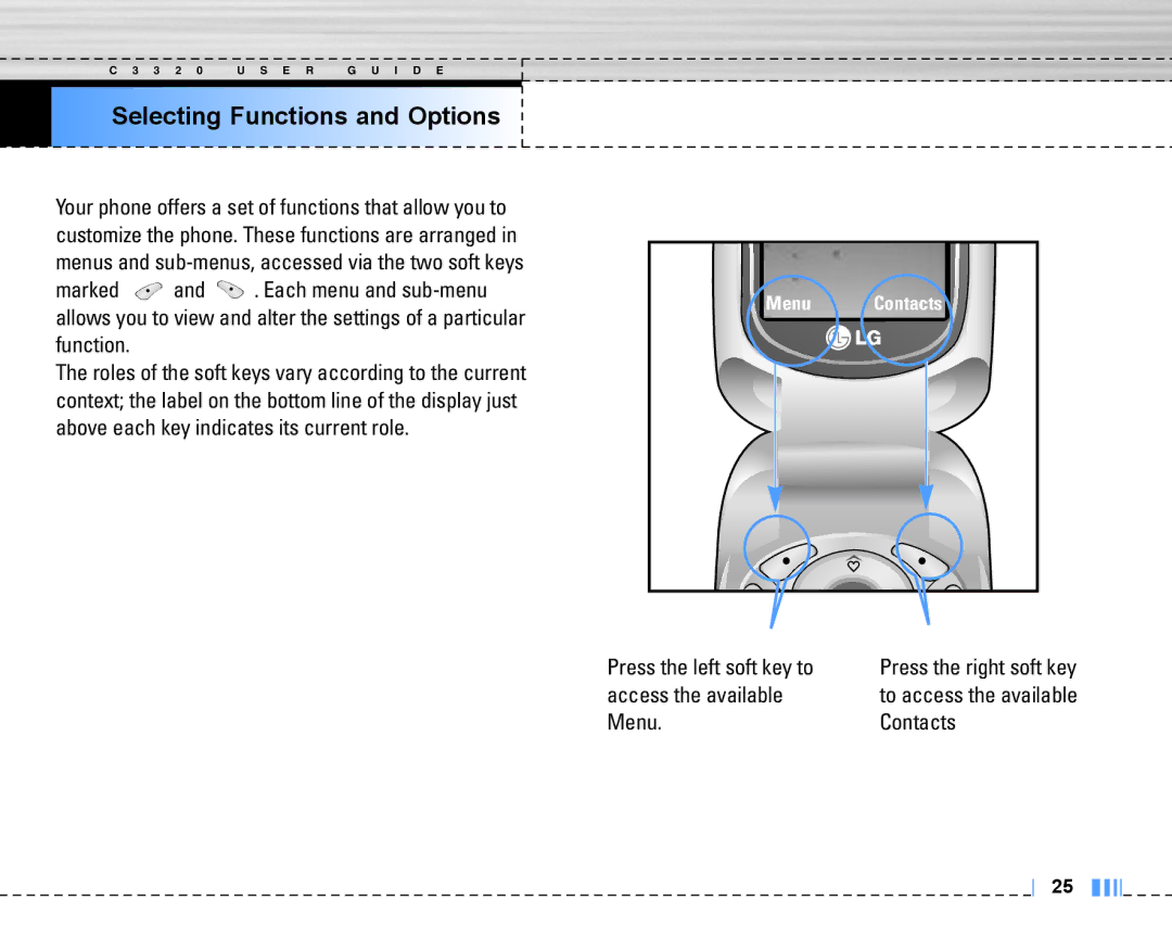LG Electronics C3320 Selecting Functions and Options, Press the left soft key to, Access the available, Menu Contacts 