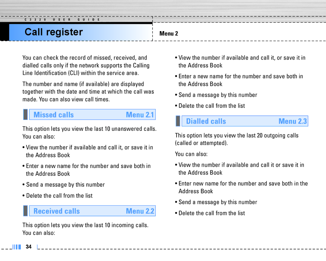 LG Electronics C3320 manual Call register, Missed calls, Received calls, Dialled calls 