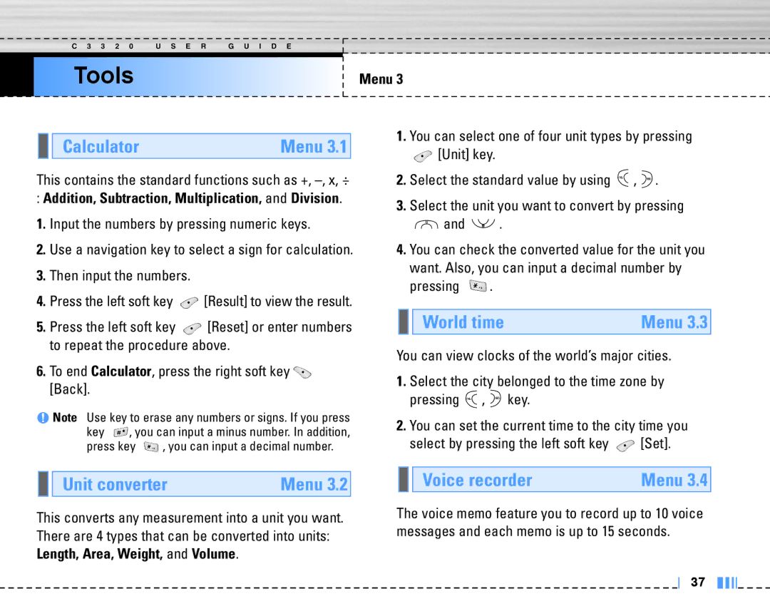 LG Electronics C3320 manual Tools, Calculator, World time, Unit converter, Voice recorder 