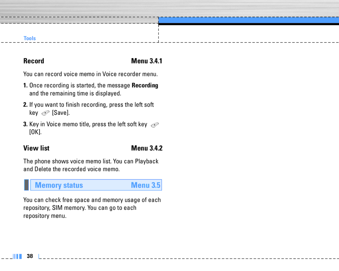 LG Electronics C3320 manual Memory status, Record, View list, You can record voice memo in Voice recorder menu 