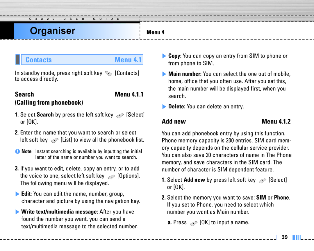 LG Electronics C3320 manual Organiser, Contacts, Search, Calling from phonebook, Add new 