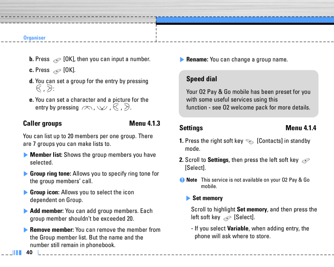 LG Electronics C3320 manual Caller groups, Speed dial, Press, Rename You can change a group name, Set memory 