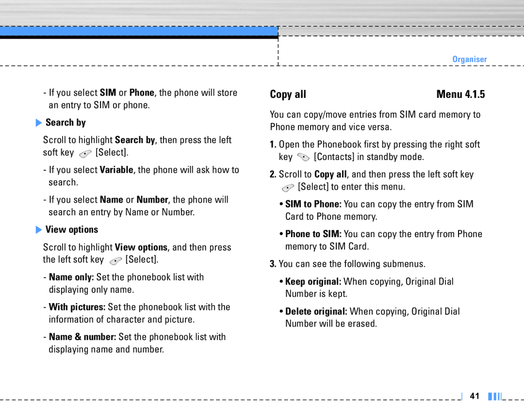 LG Electronics C3320 manual Copy all, Search by, View options 