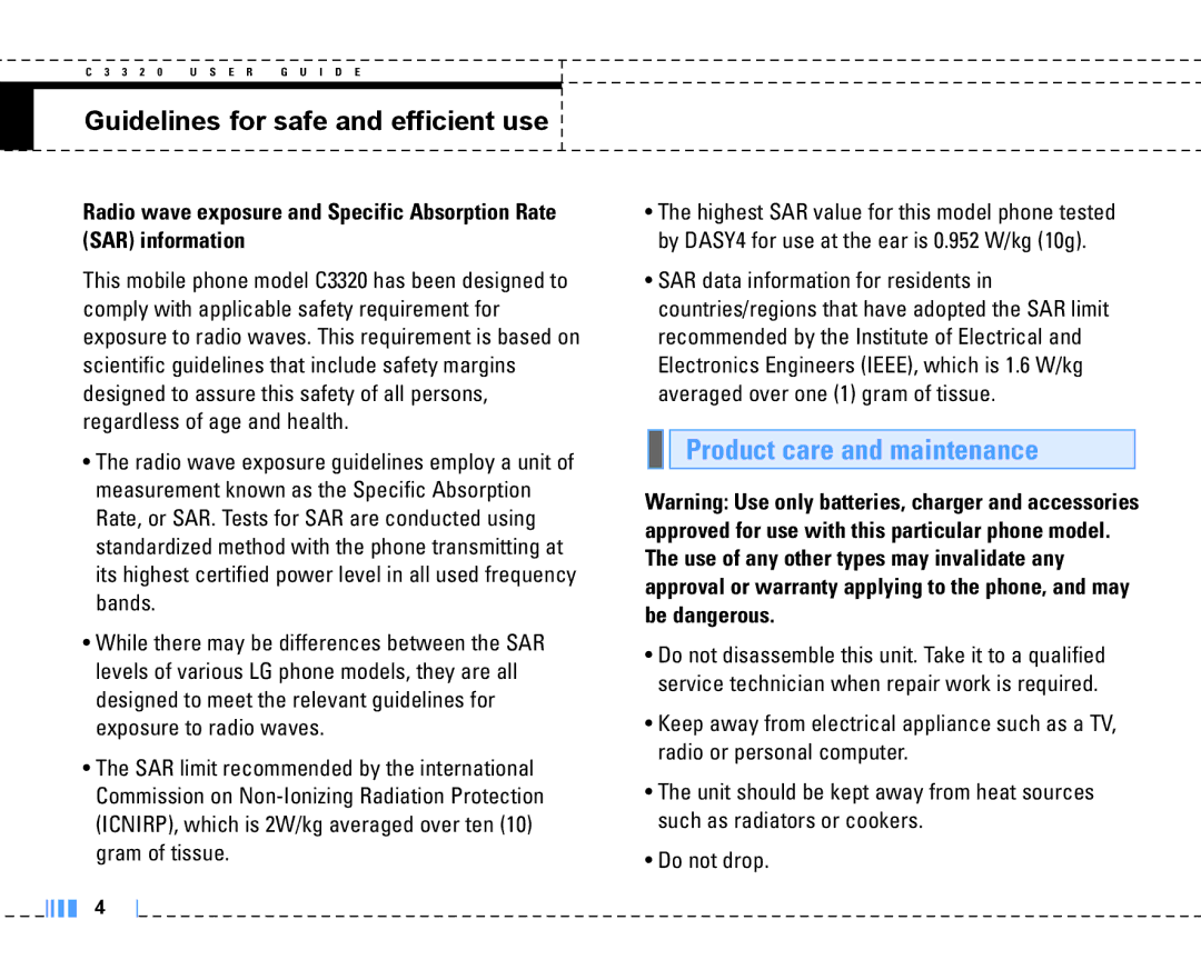 LG Electronics C3320 manual Guidelines for safe and efficient use, Product care and maintenance 