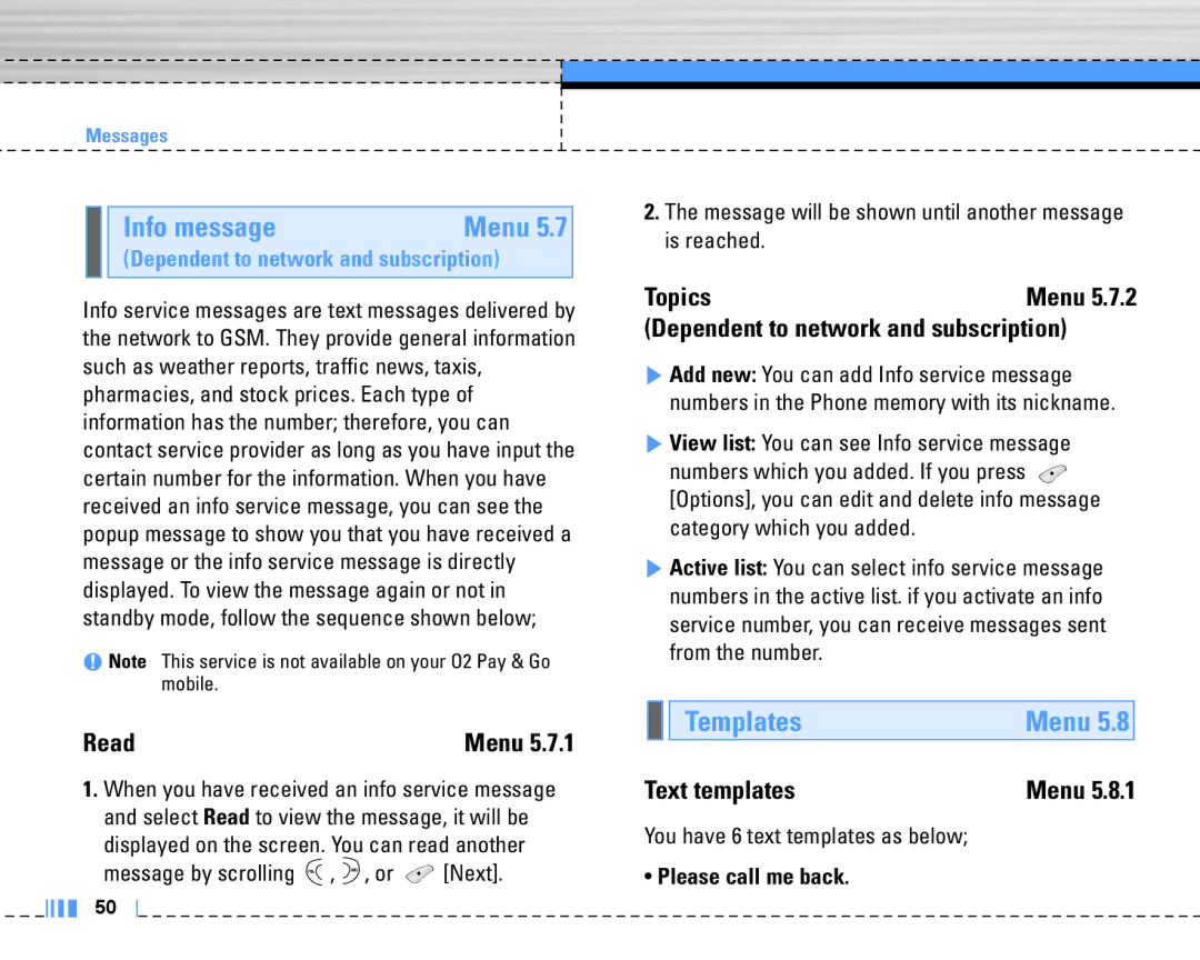 LG Electronics C3320 manual Info message, Templates 