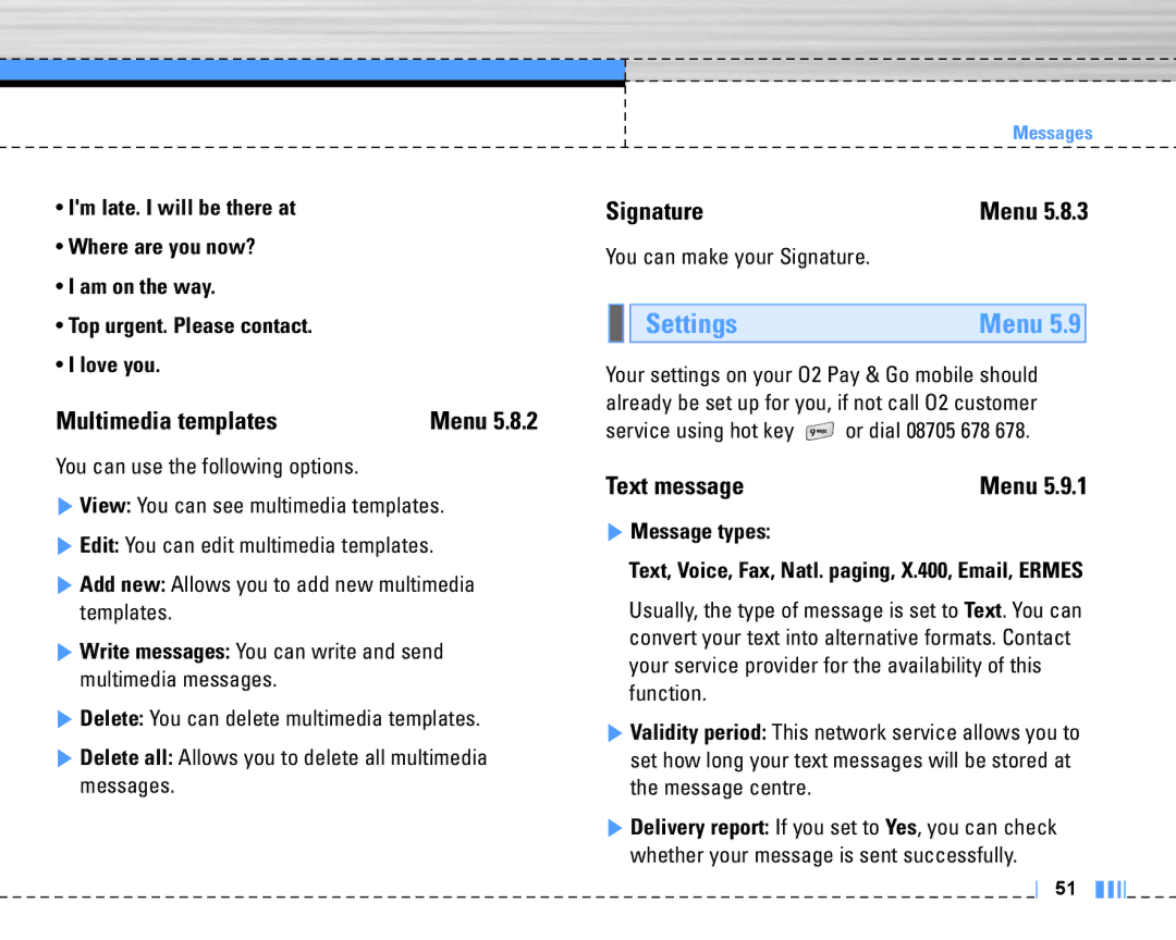 LG Electronics C3320 manual Settings, Multimedia templates, Text message, Message types 