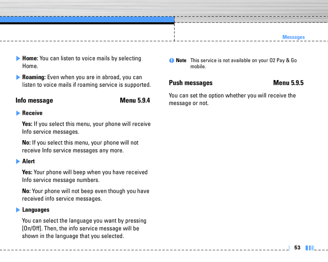 LG Electronics C3320 manual Info message, Push messages, Receive, Alert, Languages 