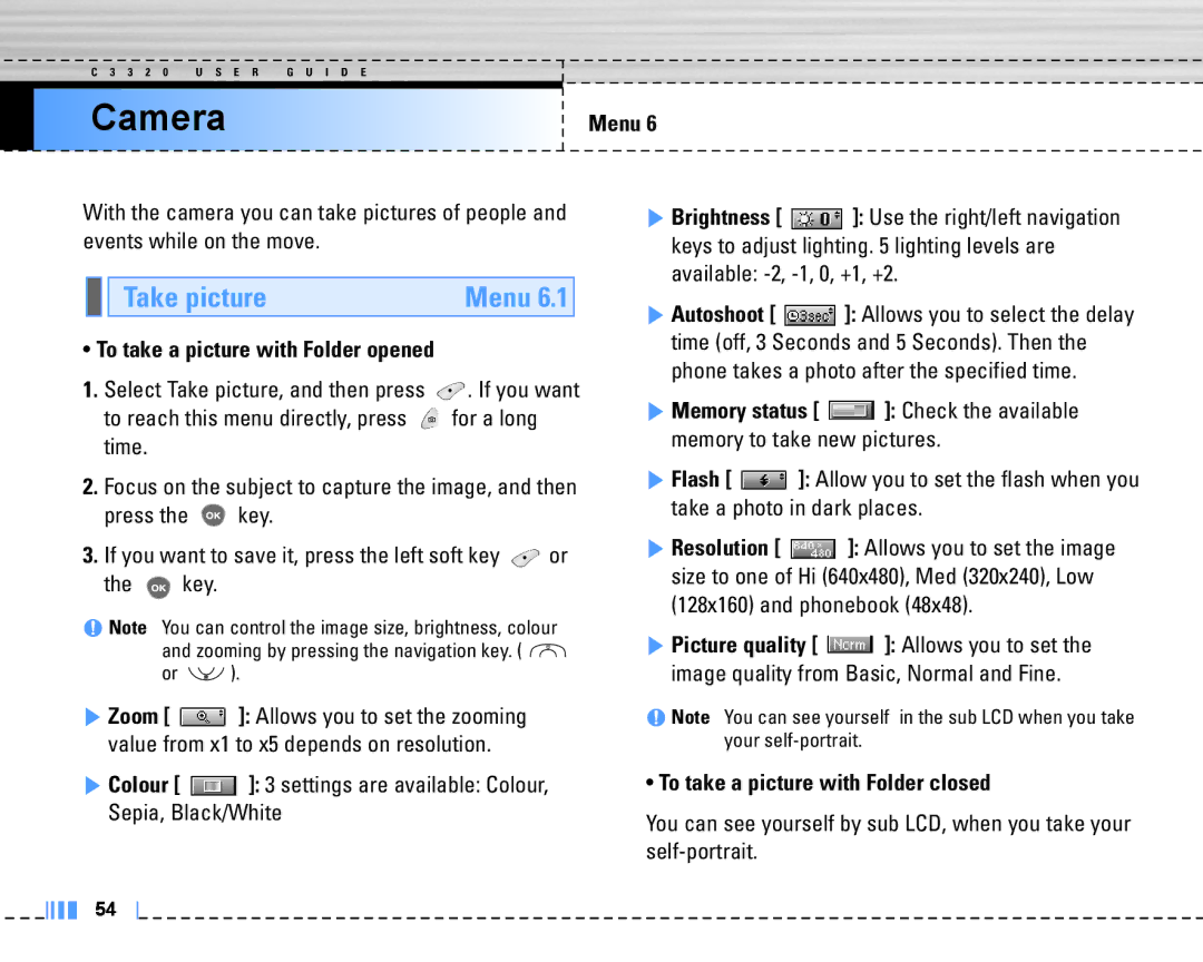 LG Electronics C3320 manual Camera, Take picture Menu, To take a picture with Folder opened 
