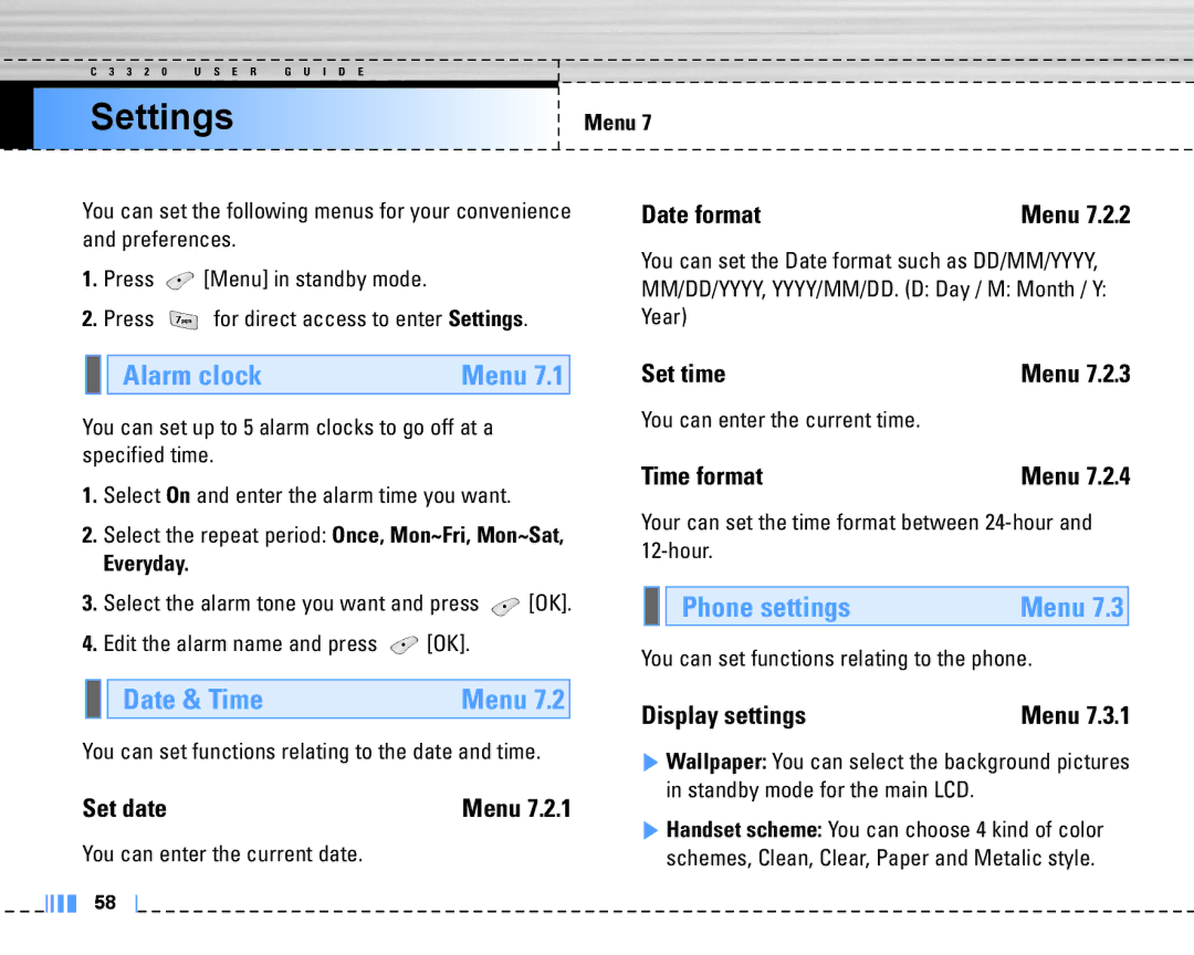 LG Electronics C3320 manual Settings, Alarm clock, Date & Time Menu, Phone settings 