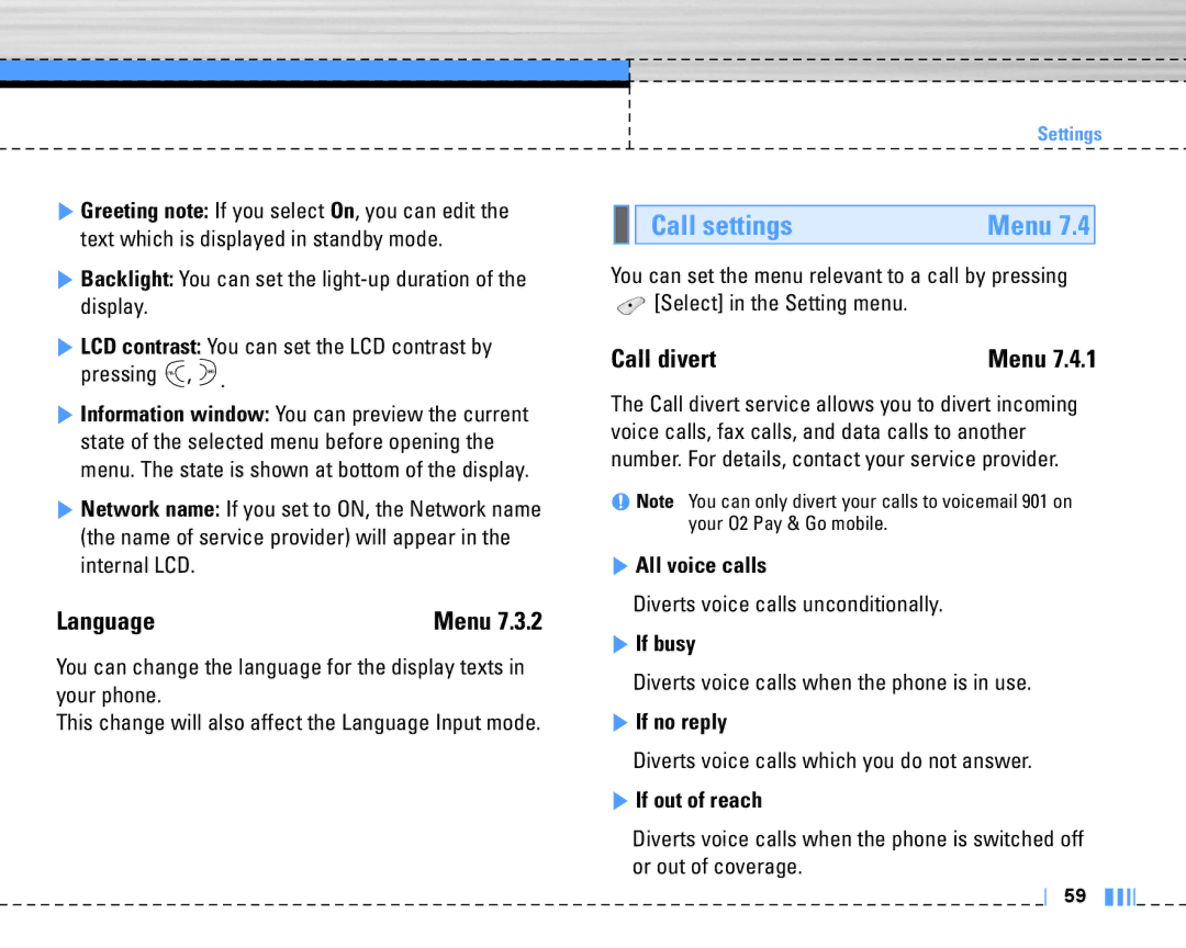 LG Electronics C3320 manual Call settings, Language, Call divert 