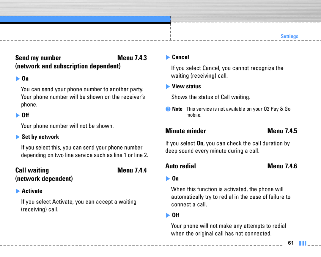 LG Electronics C3320 Send my number, Network and subscription dependent, Call waiting, Network dependent, Minute minder 