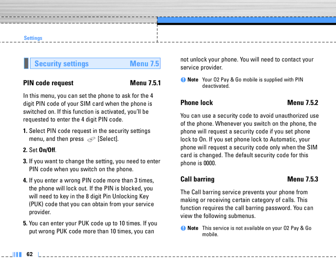 LG Electronics C3320 manual Security settings, PIN code request, Phone lock, Call barring, Set On/Off 