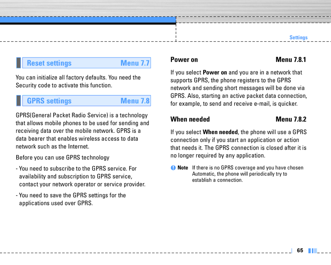 LG Electronics C3320 manual Reset settings, Gprs settings, Power on, When needed, Before you can use Gprs technology 