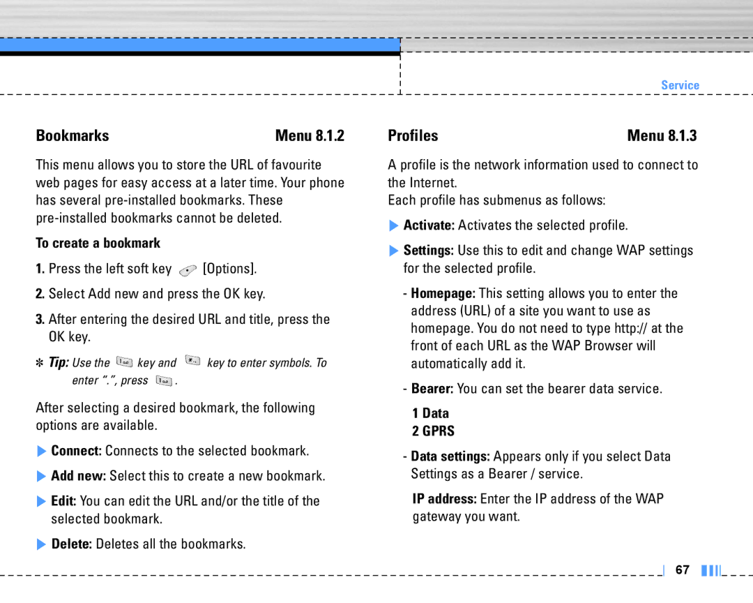 LG Electronics C3320 manual Bookmarks, Profiles, To create a bookmark, Data 