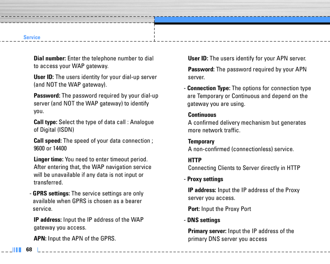 LG Electronics C3320 manual Continuous, Temporary, Proxy settings, DNS settings 