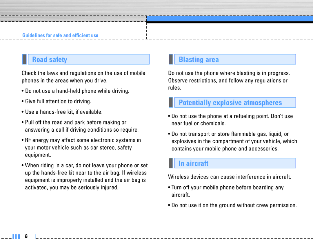 LG Electronics C3320 manual Road safety, Blasting area, Potentially explosive atmospheres, Aircraft 