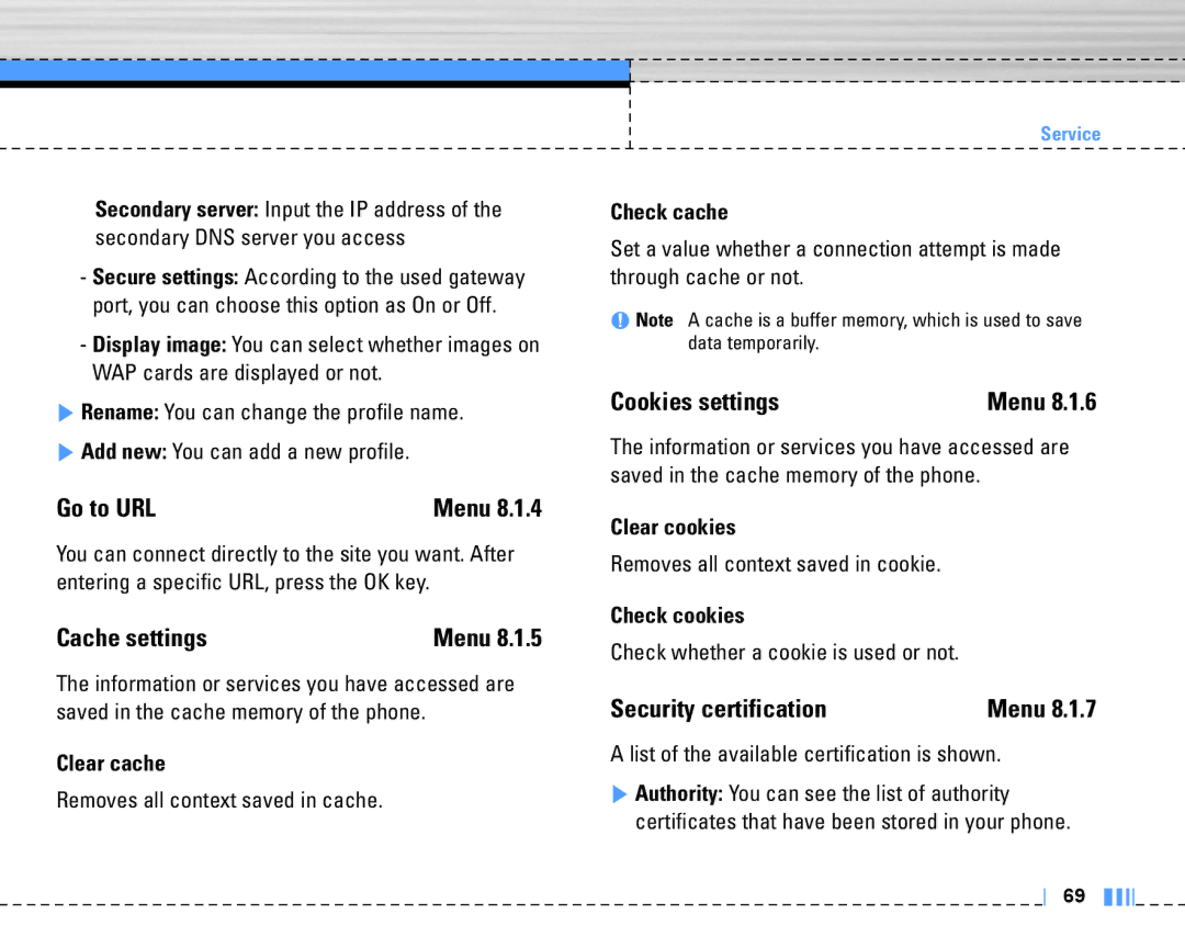 LG Electronics C3320 manual Go to URL, Cache settings, Cookies settings, Security certification 