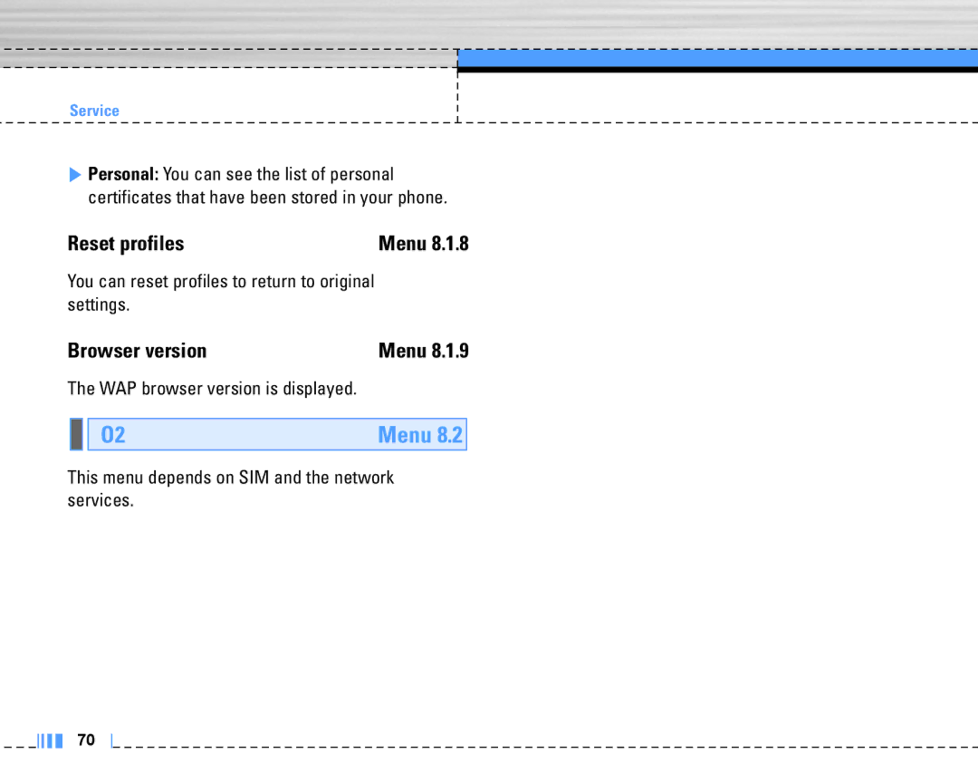 LG Electronics C3320 manual Reset profiles, Browser version, Settings, This menu depends on SIM and the network services 