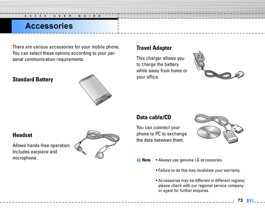 LG Electronics C3320 manual Accessories, Data cable/CD 