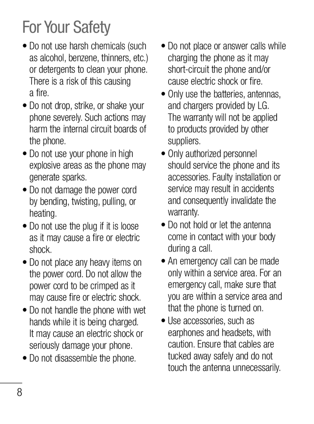 LG Electronics C660R manual For Your Safety, Fire, Do not disassemble the phone 