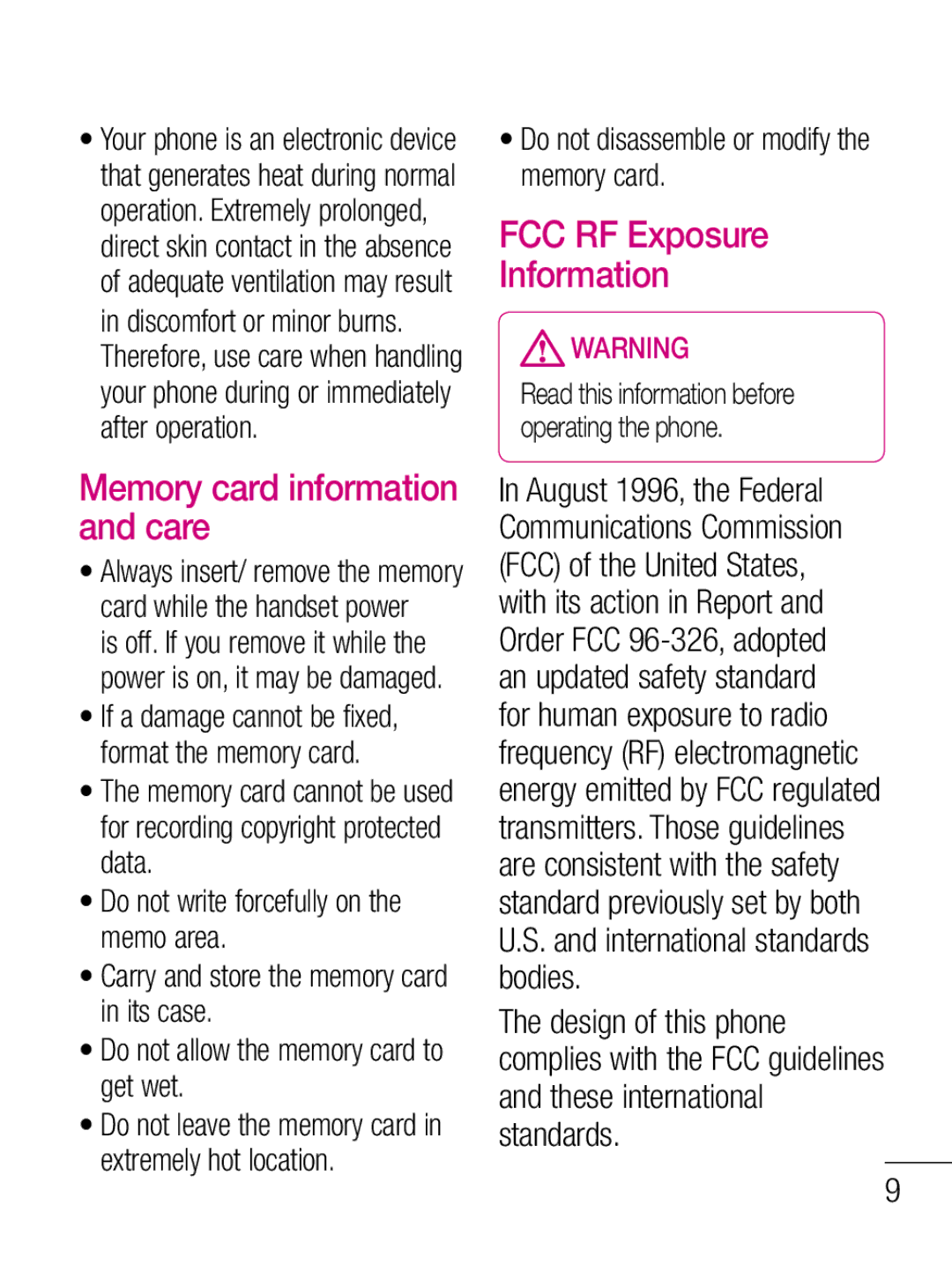 LG Electronics C660R manual FCC RF Exposure Information, Memory card information and care 